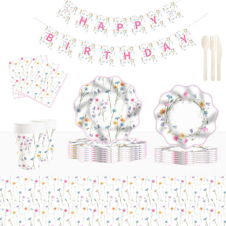 DAMAI New Disposable Wave-edge Spring-themed Tea Party Floral Elements Partyware Set