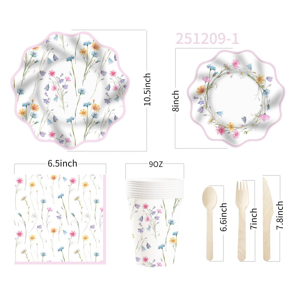 DAMAI New Disposable Wave-edge Spring-themed Tea Party Floral Elements Partyware Set
