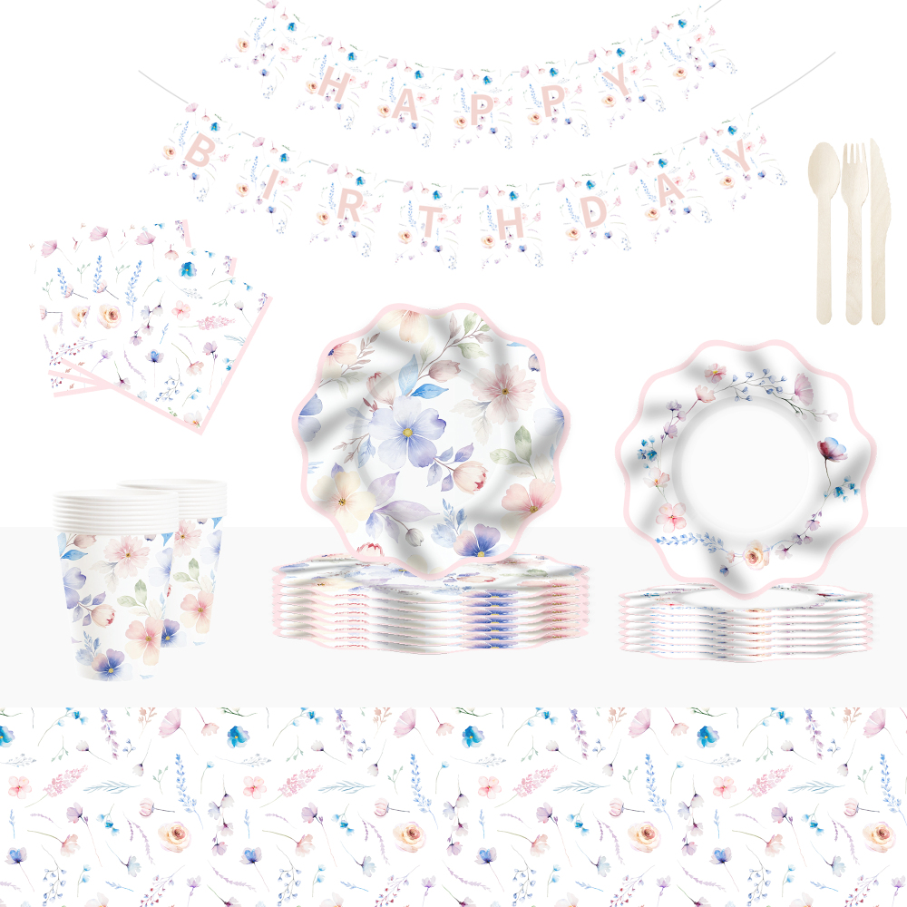 DAMAI New Disposable Wave-edge Spring-themed Tea Party Partyware Set Floral Elements Paper Plate