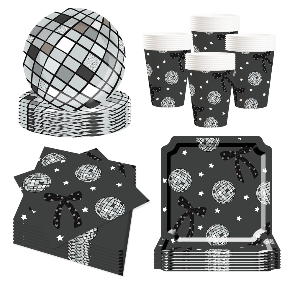 DAMAI Disco Theme Party Tableware Set with Bow Decorations Include Paper Plates Cups  Napkins for Birthday Party 8 Guests