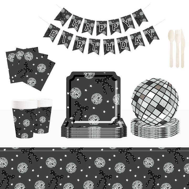 DAMAI Disco Theme Party Tableware Set with Bow Decorations Include Paper Plates Cups  Napkins for Birthday Party 8 Guests