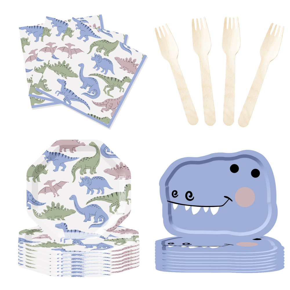 DAMAI Dinosaur Theme Birthday Party Decorations Dinosaur Plates and Napkins Party Decorations Dino Disposable Tableware Set