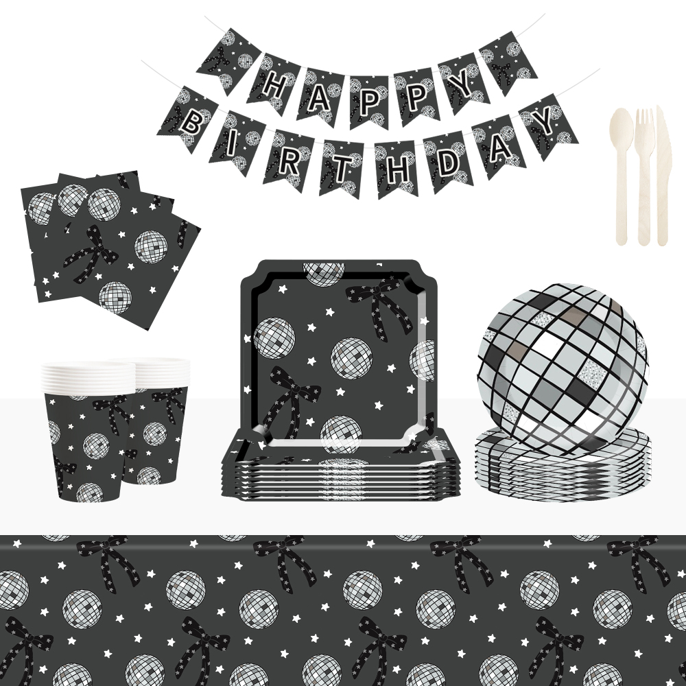DAMAI Disco Theme Party Tableware Set with Bow Decorations Include Paper Plates Cups  Napkins for Birthday Party 8 Guests