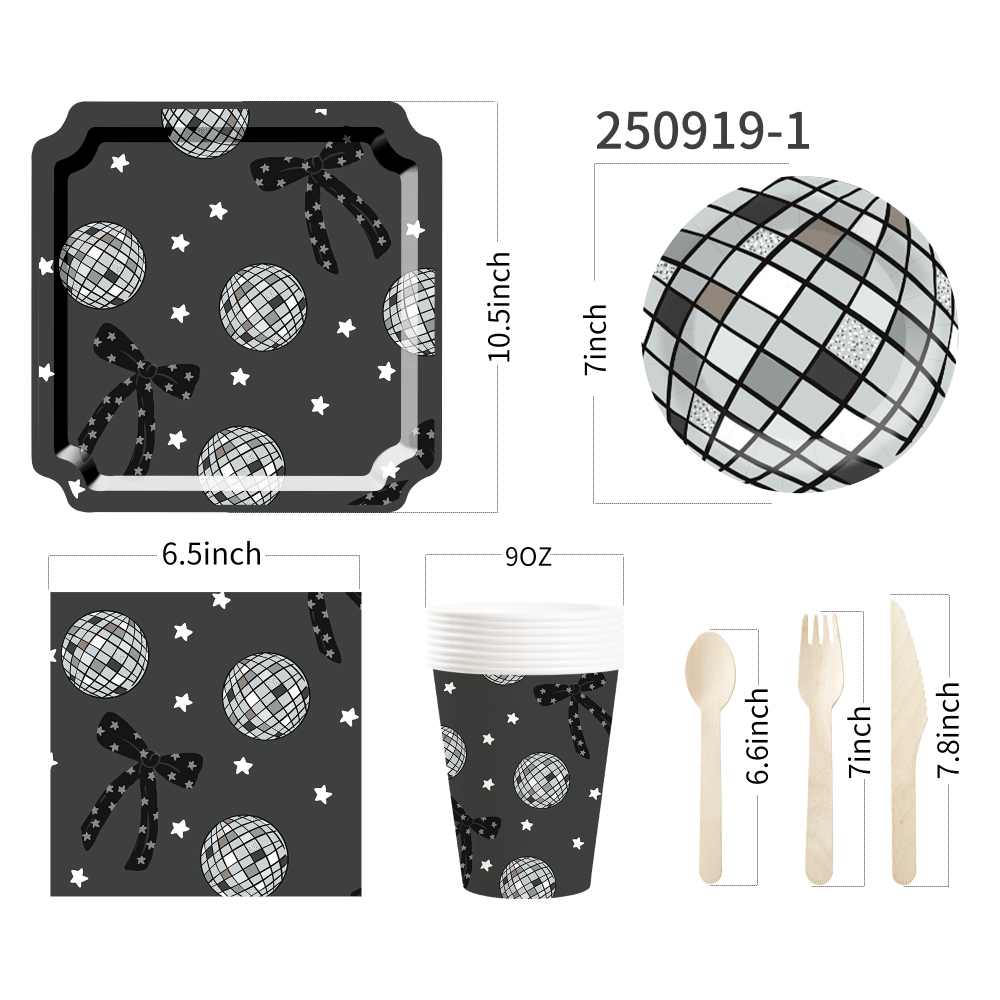 DAMAI Disco Theme Party Tableware Set with Bow Decorations Include Paper Plates Cups  Napkins for Birthday Party 8 Guests