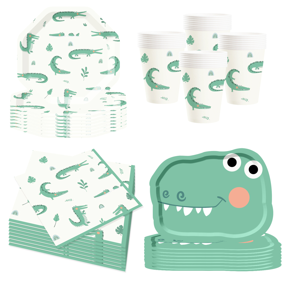 DAMAI Dinosaur Birthday Party Decorations Green Dinosaur Plates and Napkins Party Decorations Dino Disposable Tableware Set