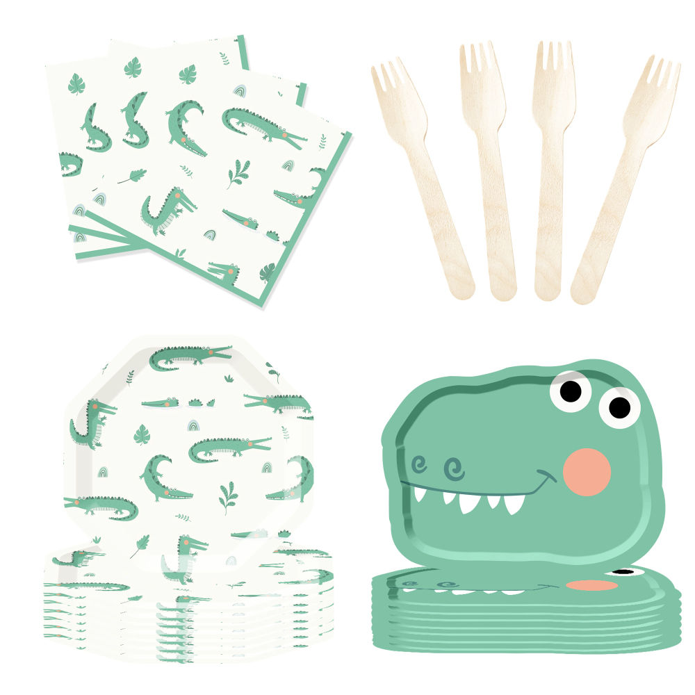 DAMAI Dinosaur Birthday Party Decorations Green Dinosaur Plates and Napkins Party Decorations Dino Disposable Tableware Set