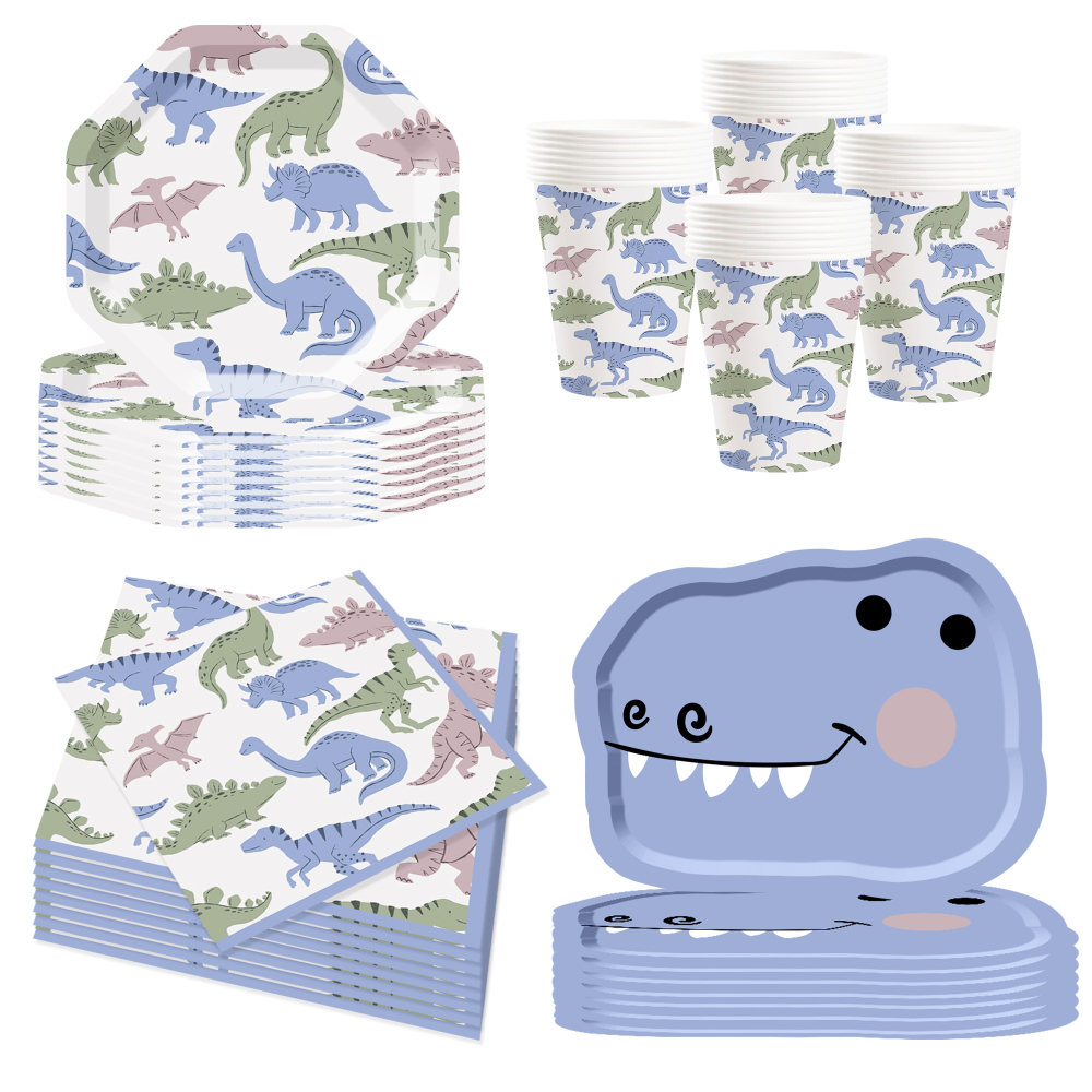 DAMAI Dinosaur Theme Birthday Party Decorations Dinosaur Plates and Napkins Party Decorations Dino Disposable Tableware Set