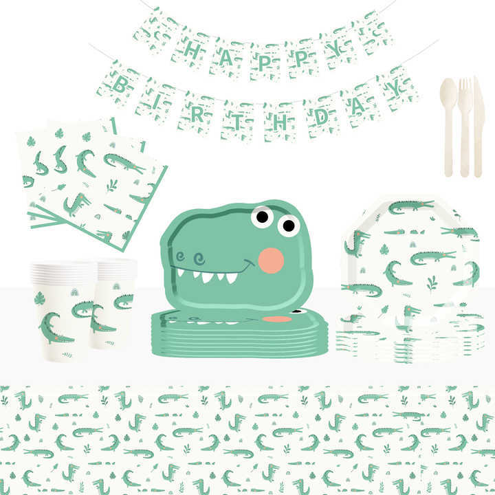 DAMAI Dinosaur Birthday Party Decorations Green Dinosaur Plates and Napkins Party Decorations Dino Disposable Tableware Set