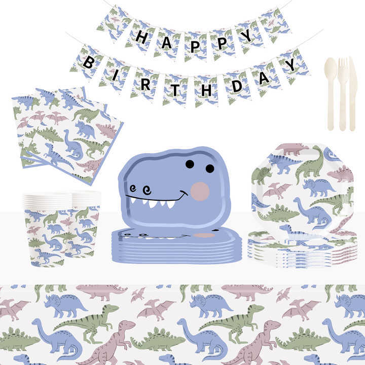 DAMAI Dinosaur Theme Birthday Party Decorations Dinosaur Plates and Napkins Party Decorations Dino Disposable Tableware Set