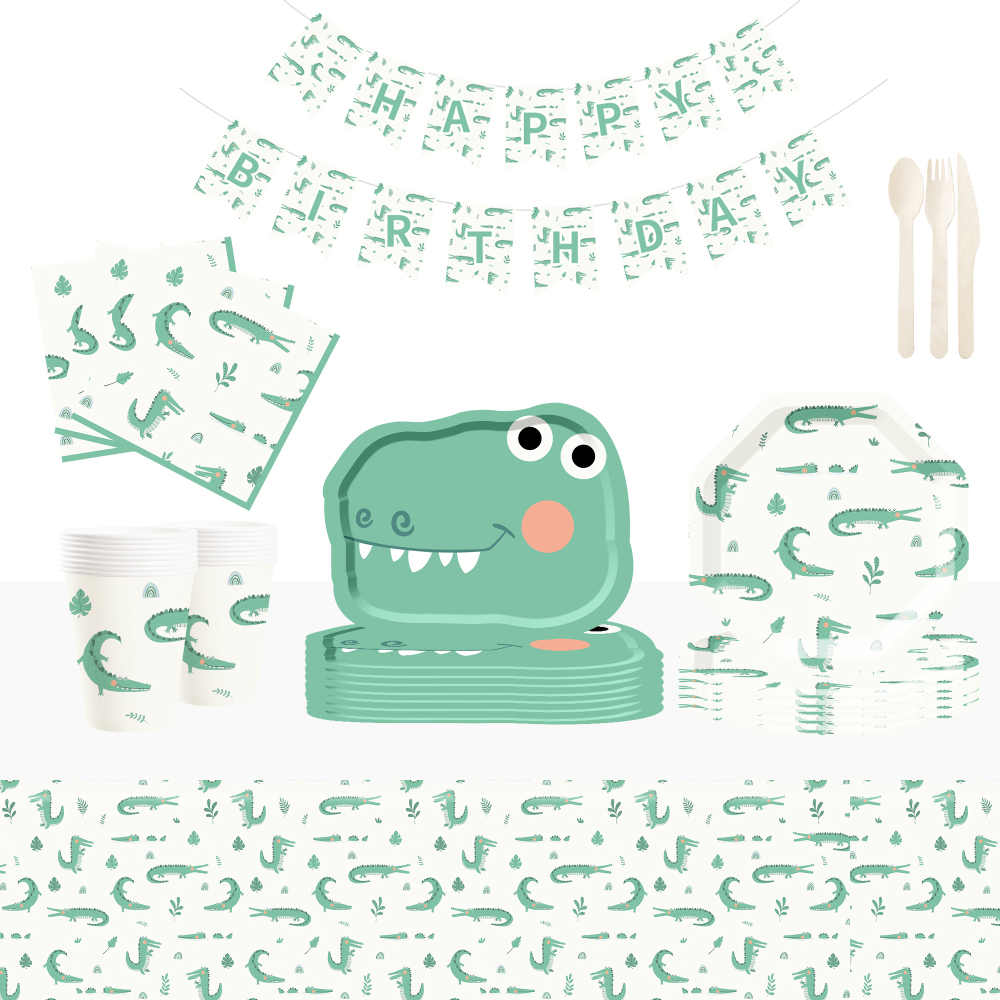 DAMAI Dinosaur Birthday Party Decorations Green Dinosaur Plates and Napkins Party Decorations Dino Disposable Tableware Set