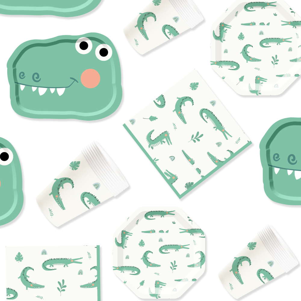 DAMAI Dinosaur Birthday Party Decorations Green Dinosaur Plates and Napkins Party Decorations Dino Disposable Tableware Set