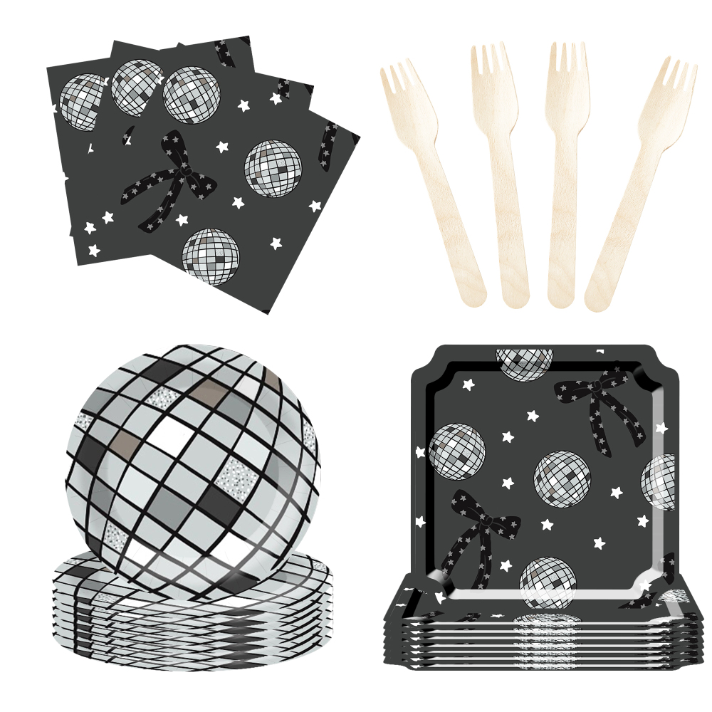 DAMAI Disco Theme Party Tableware Set with Bow Decorations Include Paper Plates Cups  Napkins for Birthday Party 8 Guests