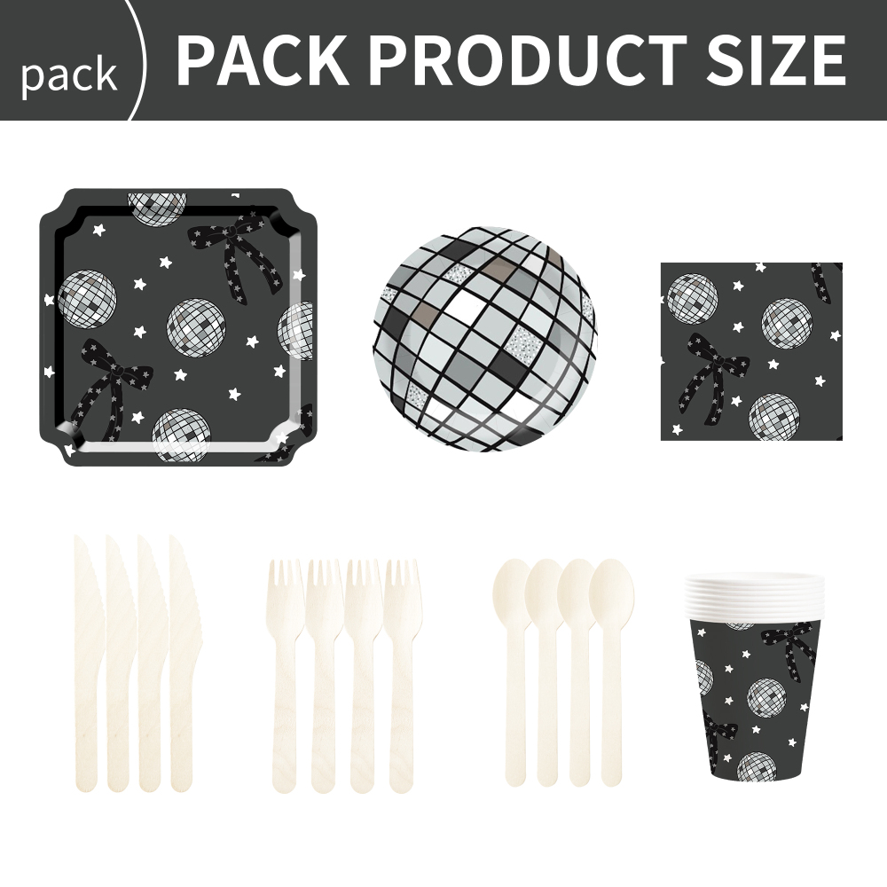 DAMAI Disco Theme Party Tableware Set with Bow Decorations Include Paper Plates Cups  Napkins for Birthday Party 8 Guests