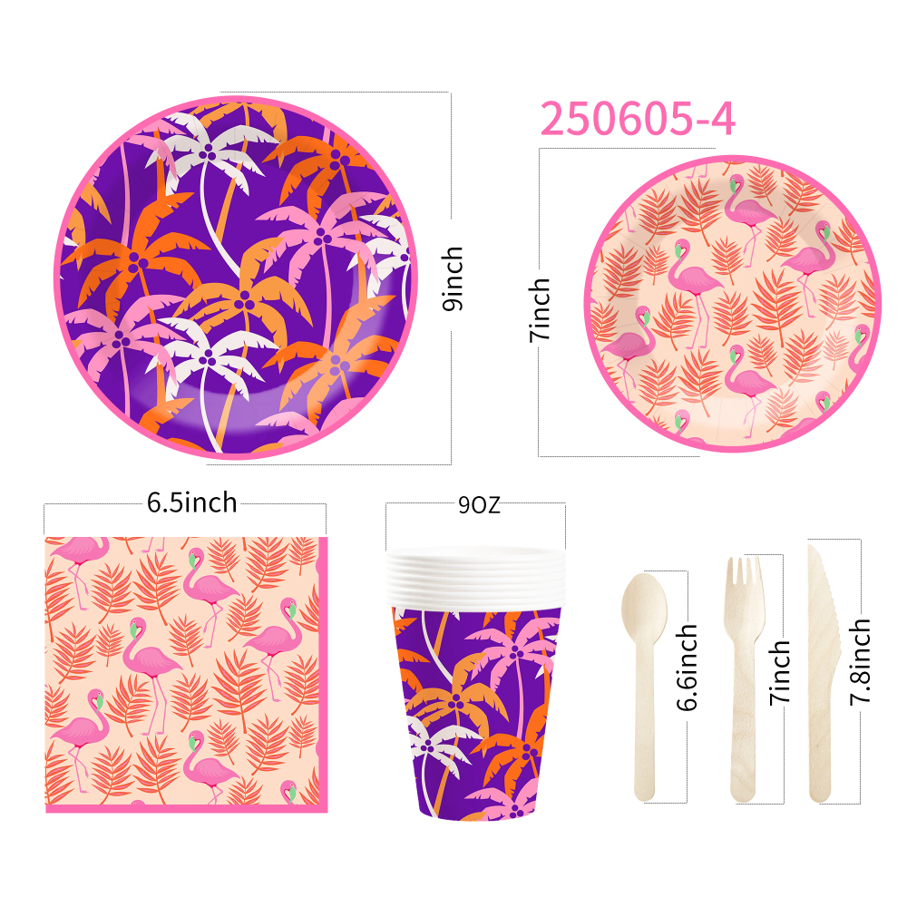 DAMAI Flamingo Palm Leaf Theme Party Pink and Purple Disposable Paper Plate Napkin Tablecloth Disposable Party Tableware Sets