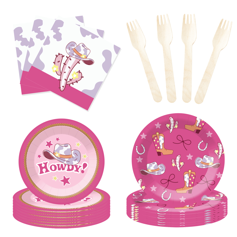 DAMAI New Customized Design Pink Cowboy Theme Disposable Dessert Dinner Paper Plates Cups Napkin Tableware Set for Girl