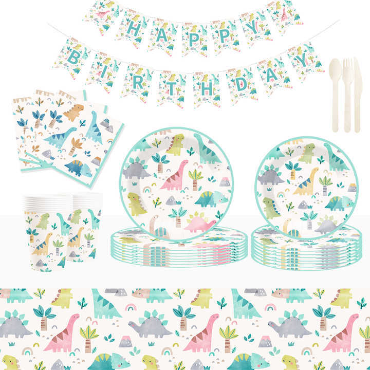 DAMAI New Customized Animal Theme Disposable Dessert Dinner Paper Plates Cups Napkin Tableware Set with Dinosaur