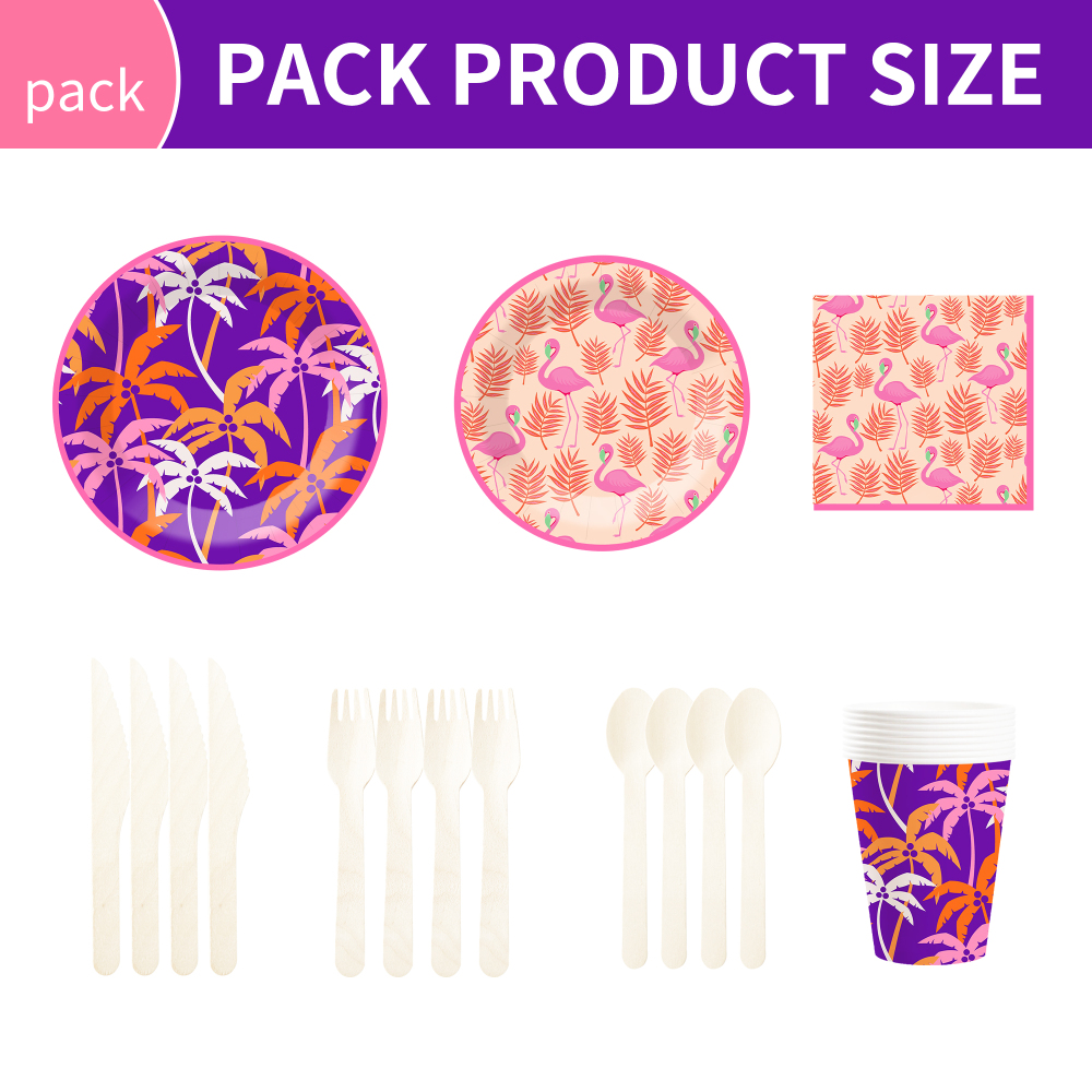 DAMAI Flamingo Palm Leaf Theme Party Pink and Purple Disposable Paper Plate Napkin Tablecloth Disposable Party Tableware Sets
