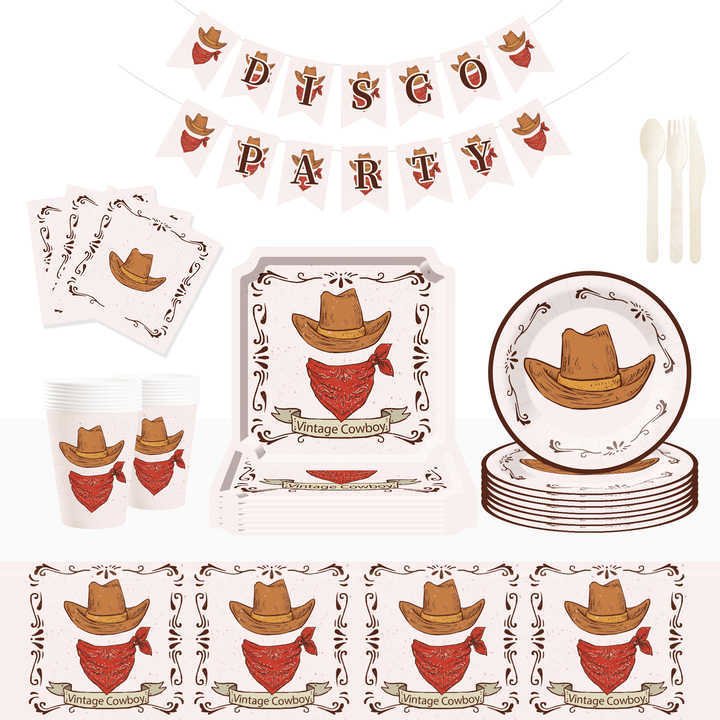 DAMAI Cowboy Theme Party Decoration with West Cowboy Hat Disposable Party Paper Plate Cup Napkin Tableware Set