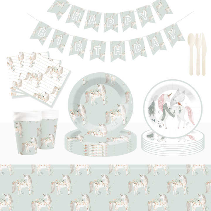 DAMAI New Customized Design Unicorn Theme Disposable Round Dessert Dinner Paper Plates Cups Napkin Tableware Set for Kid Party