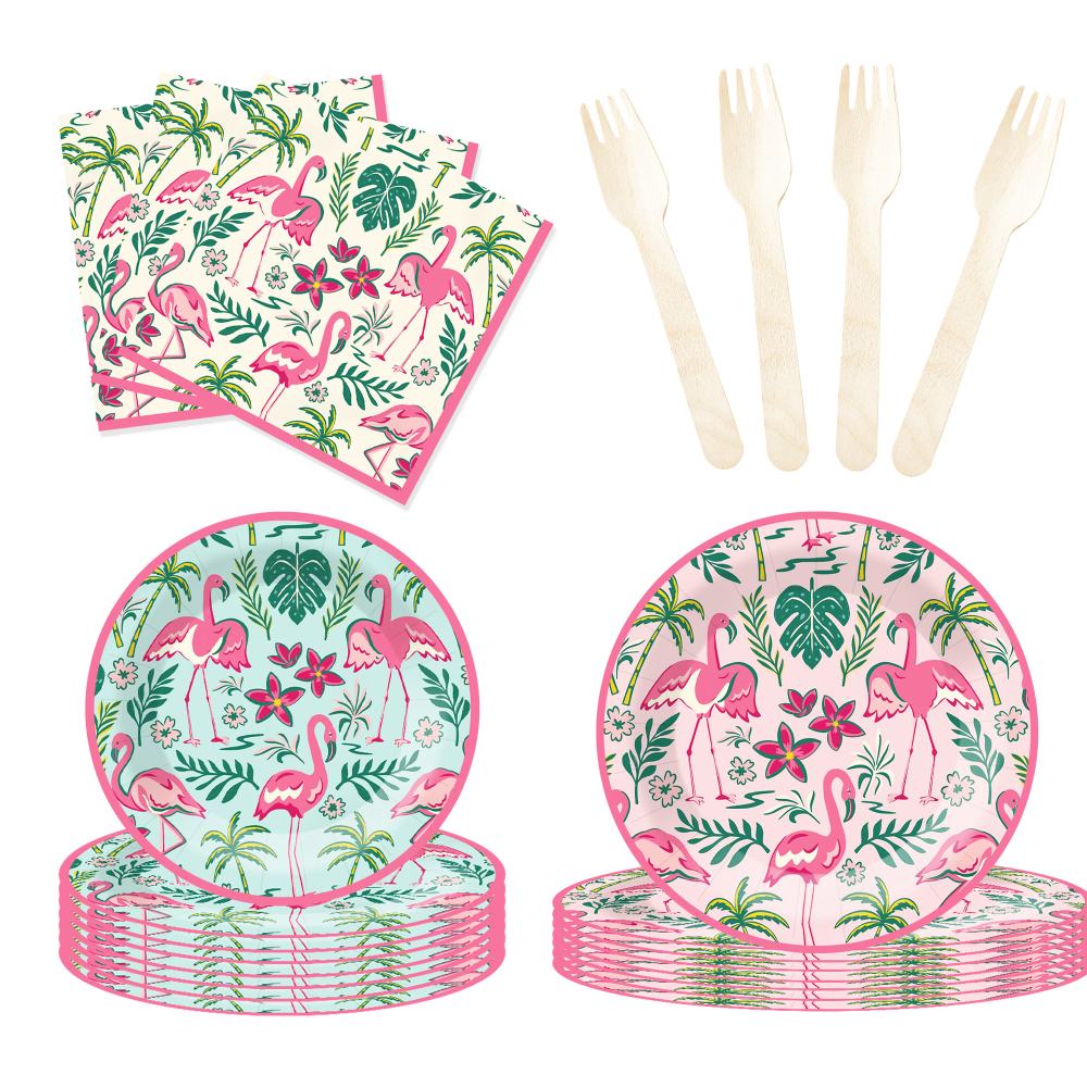 DAMAI Flamingo Theme Party Decoration with Palm Frond Disposable Party Paper Plate Cup Napkin Tableware Set