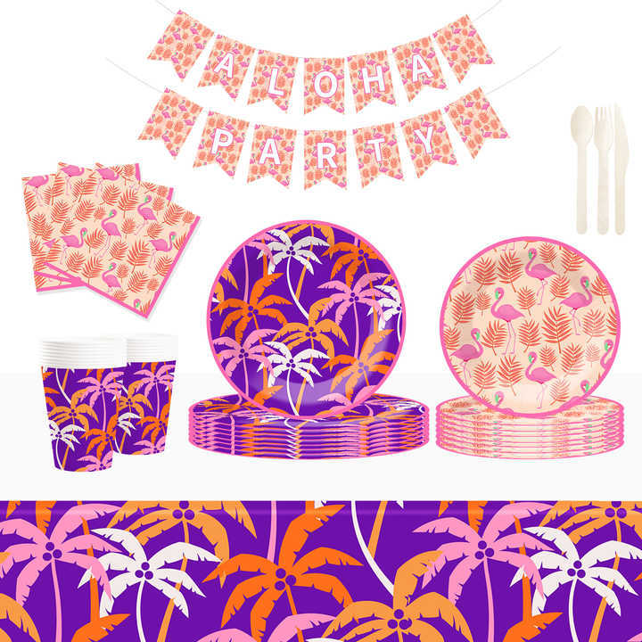 DAMAI Flamingo Palm Leaf Theme Party Pink and Purple Disposable Paper Plate Napkin Tablecloth Disposable Party Tableware Sets