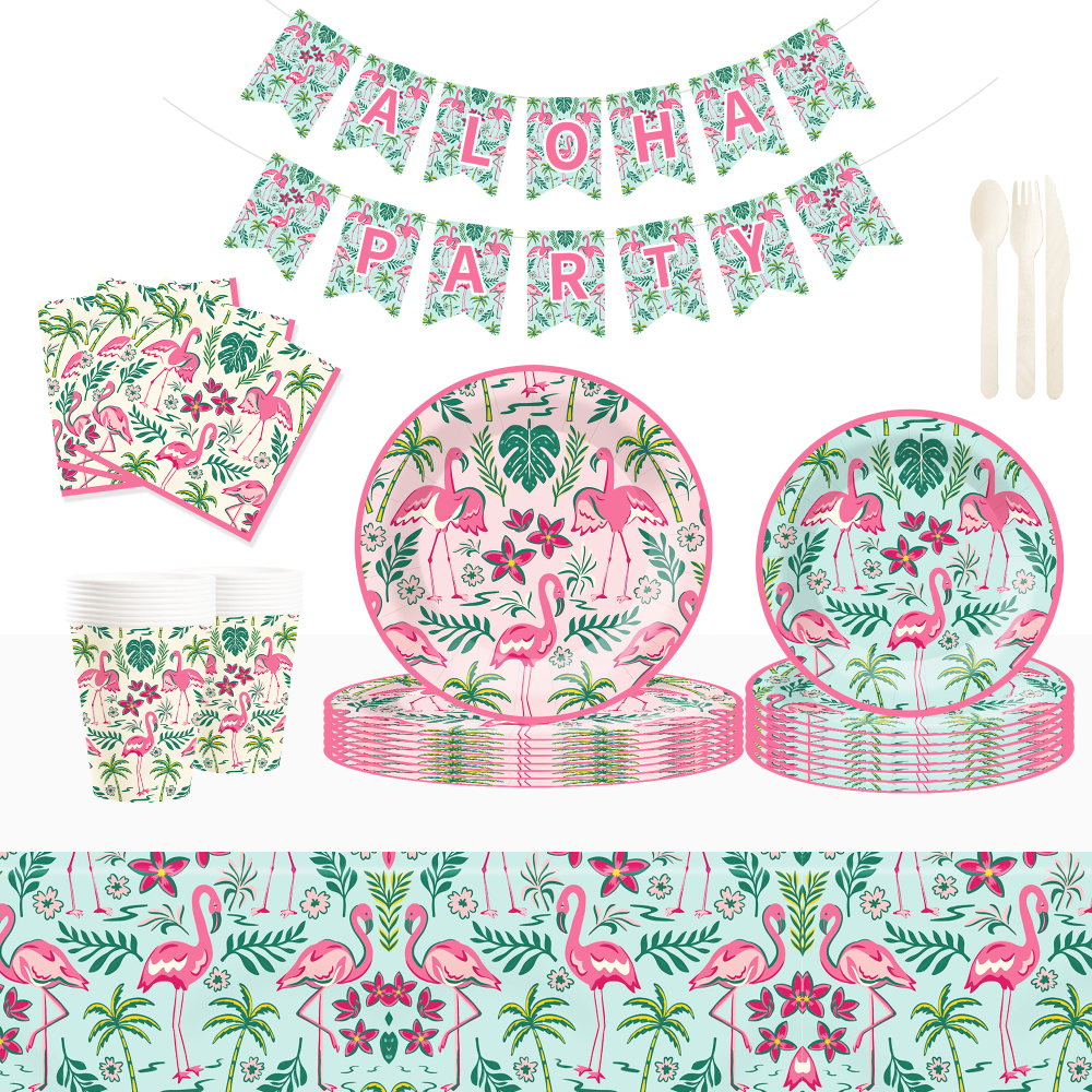 DAMAI Flamingo Theme Party Decoration with Palm Frond Disposable Party Paper Plate Cup Napkin Tableware Set