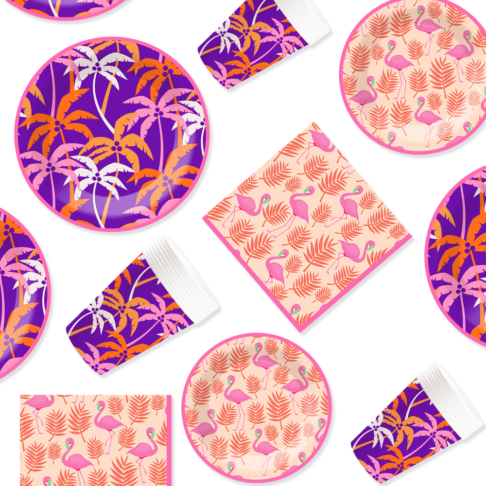 DAMAI Flamingo Palm Leaf Theme Party Pink and Purple Disposable Paper Plate Napkin Tablecloth Disposable Party Tableware Sets