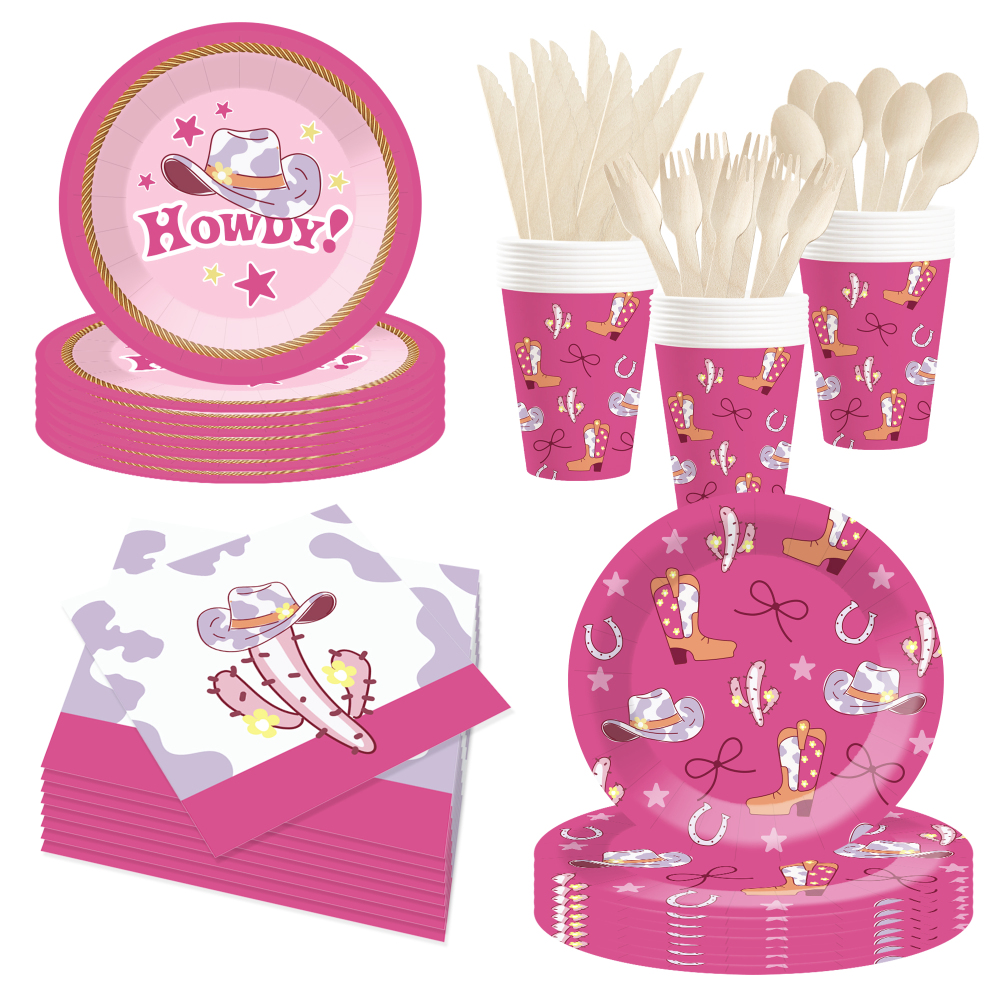 DAMAI New Customized Design Pink Cowboy Theme Disposable Dessert Dinner Paper Plates Cups Napkin Tableware Set for Girl
