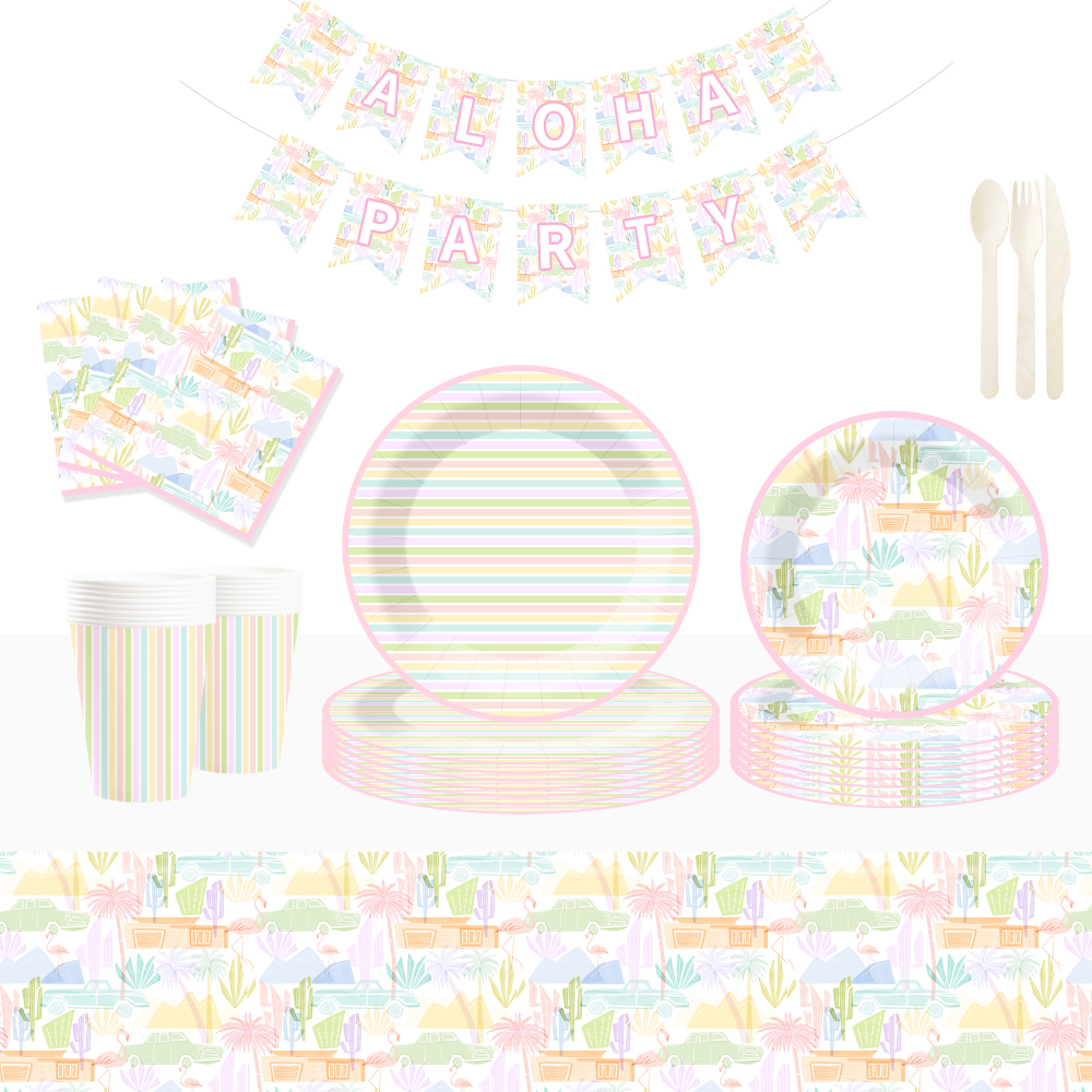 DAMAI New Customized Design Summer Theme Disposable Dessert Dinner Paper Plates Cups Napkin Tableware Set for Party Supplies