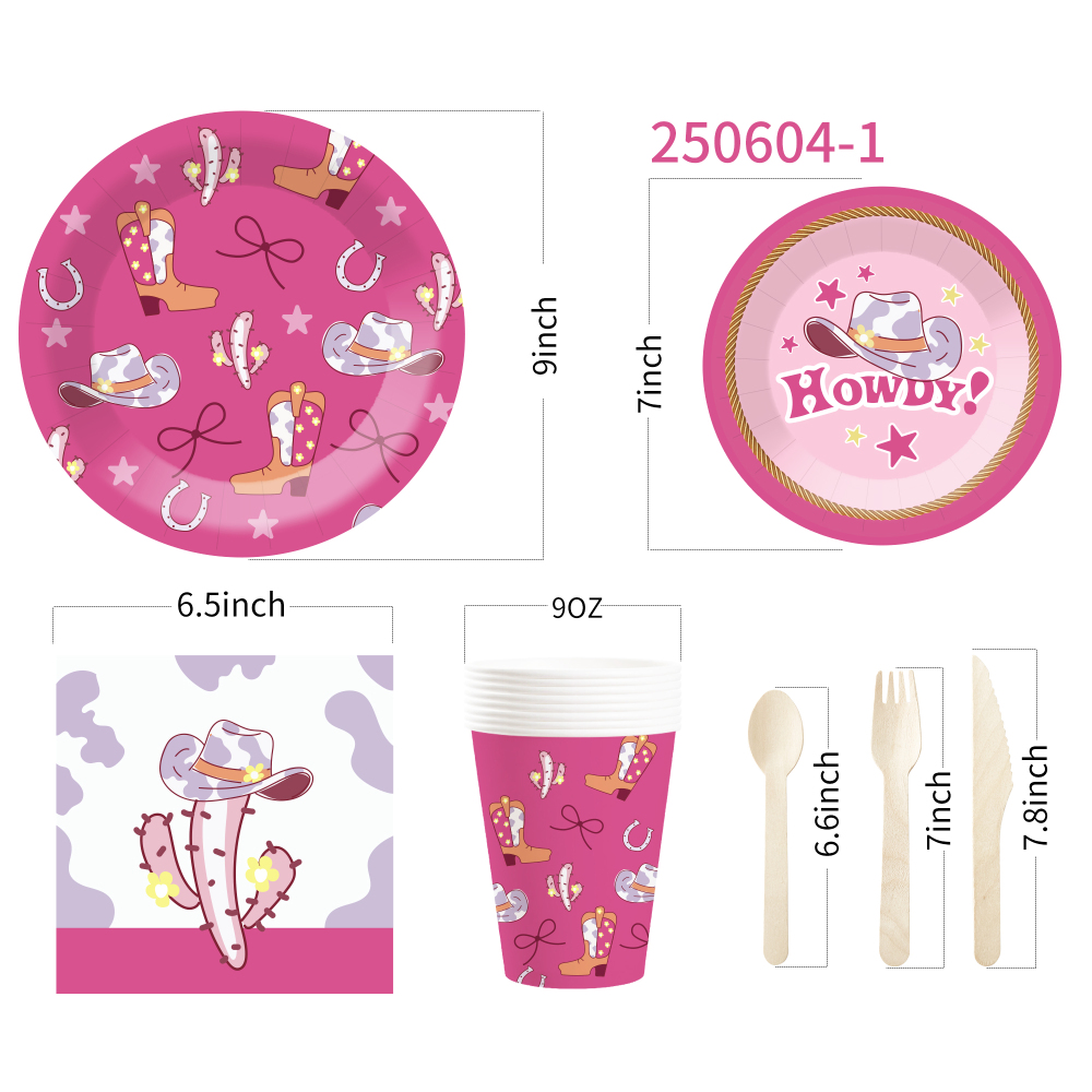 DAMAI New Customized Design Pink Cowboy Theme Disposable Dessert Dinner Paper Plates Cups Napkin Tableware Set for Girl