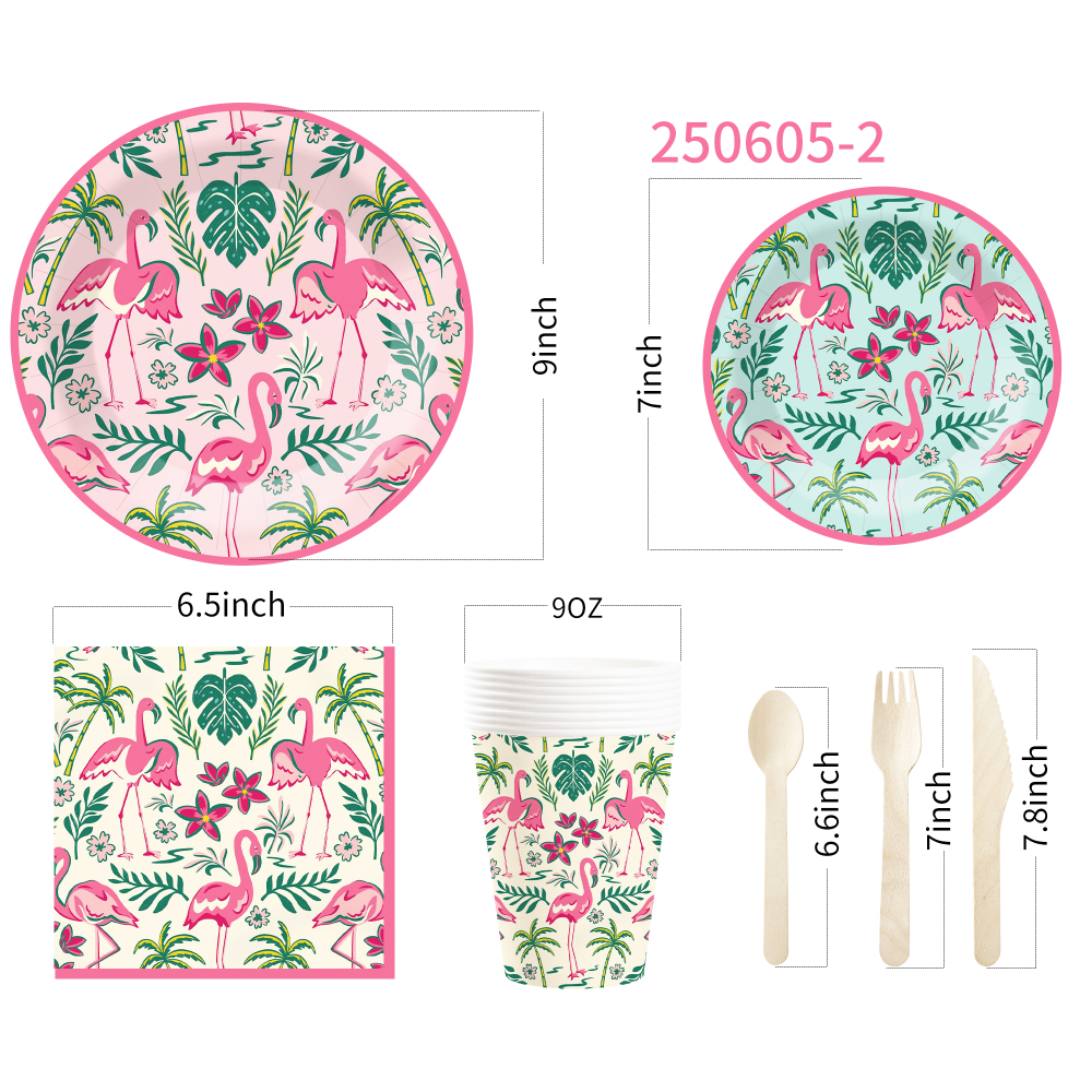 DAMAI Flamingo Theme Party Decoration with Palm Frond Disposable Party Paper Plate Cup Napkin Tableware Set