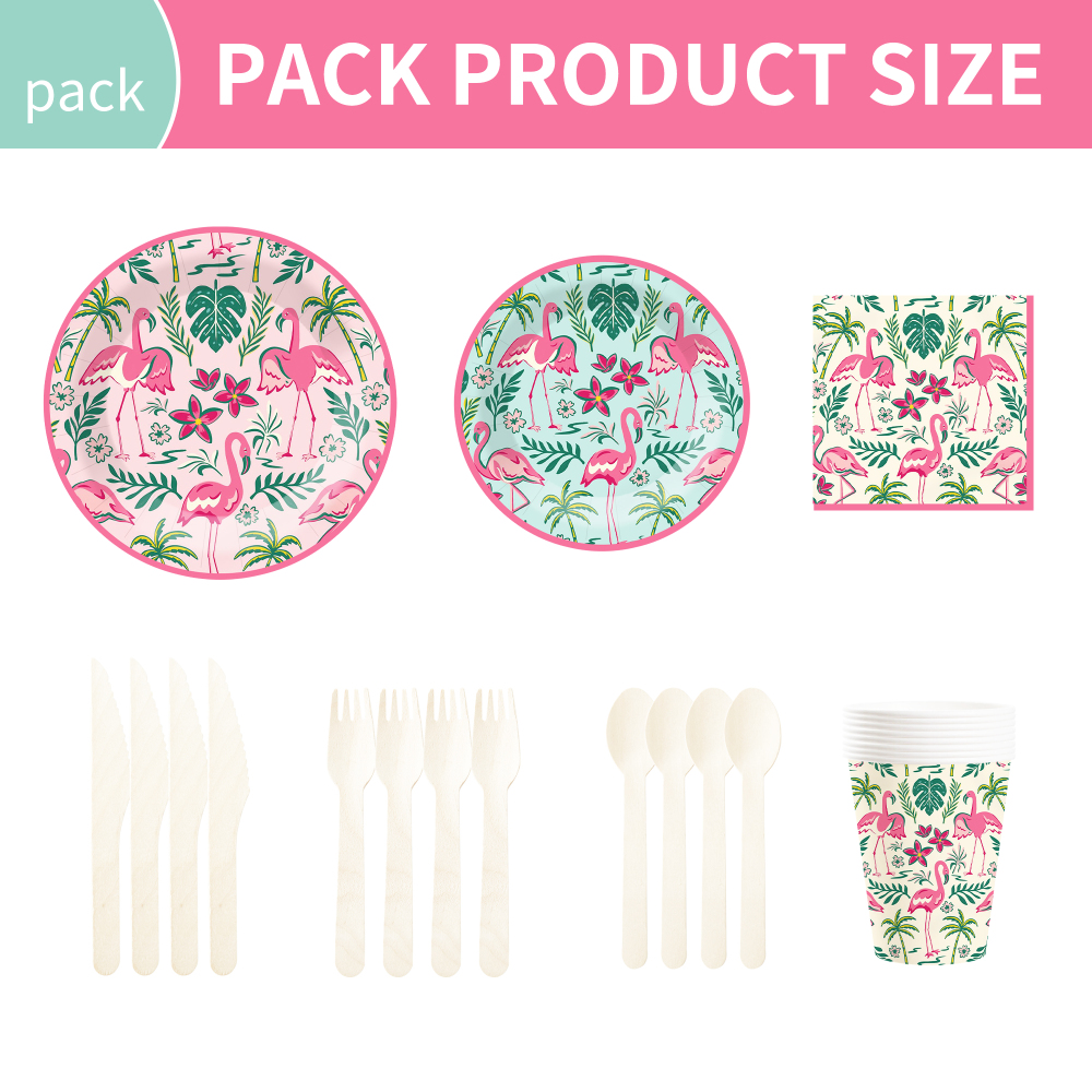 DAMAI Flamingo Theme Party Decoration with Palm Frond Disposable Party Paper Plate Cup Napkin Tableware Set