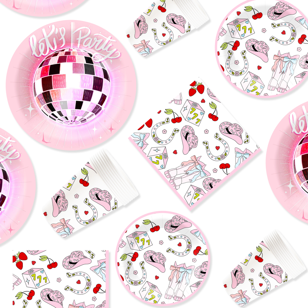 DAMAI Pink Cowcoy Theme Party Disposable Paper Plate Napkin Tablecloth Disposable Party Tableware Sets with Disco Ball for Kid