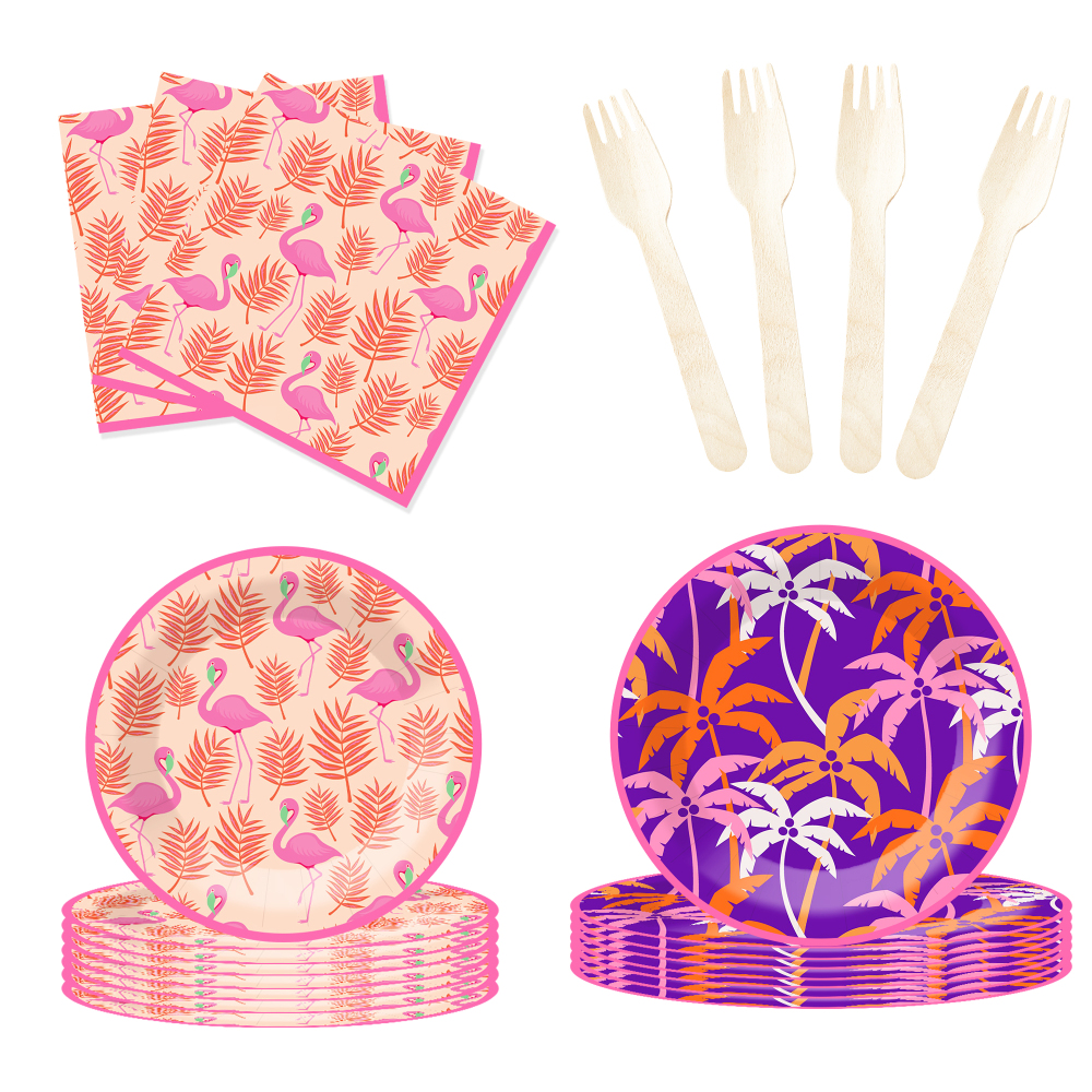 DAMAI Flamingo Palm Leaf Theme Party Pink and Purple Disposable Paper Plate Napkin Tablecloth Disposable Party Tableware Sets