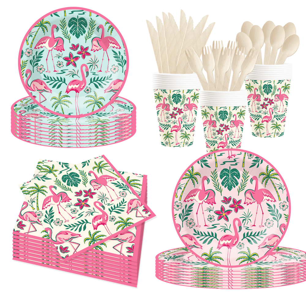DAMAI Flamingo Theme Party Decoration with Palm Frond Disposable Party Paper Plate Cup Napkin Tableware Set