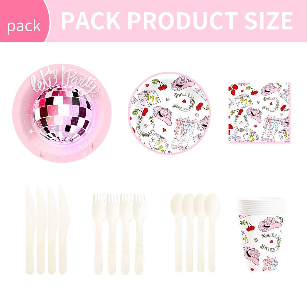 DAMAI Pink Cowcoy Theme Party Disposable Paper Plate Napkin Tablecloth Disposable Party Tableware Sets with Disco Ball for Kid
