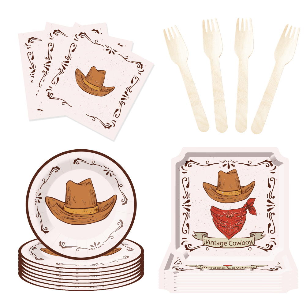 DAMAI Cowboy Theme Party Decoration with West Cowboy Hat Disposable Party Paper Plate Cup Napkin Tableware Set