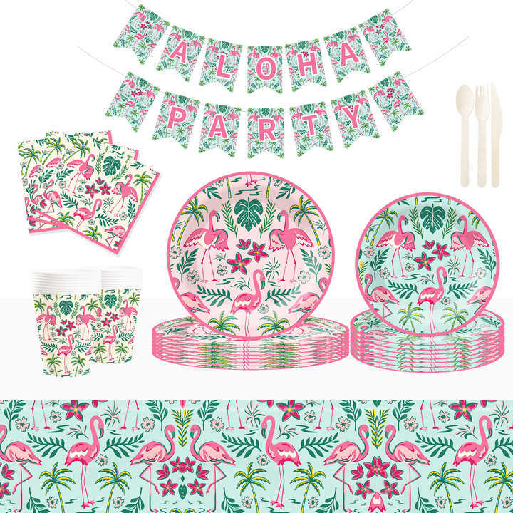 DAMAI Flamingo Theme Party Decoration with Palm Frond Disposable Party Paper Plate Cup Napkin Tableware Set