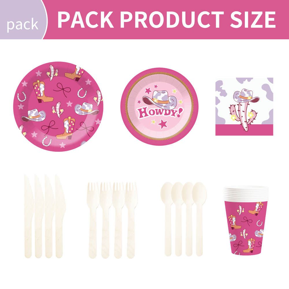 DAMAI New Customized Design Pink Cowboy Theme Disposable Dessert Dinner Paper Plates Cups Napkin Tableware Set for Girl