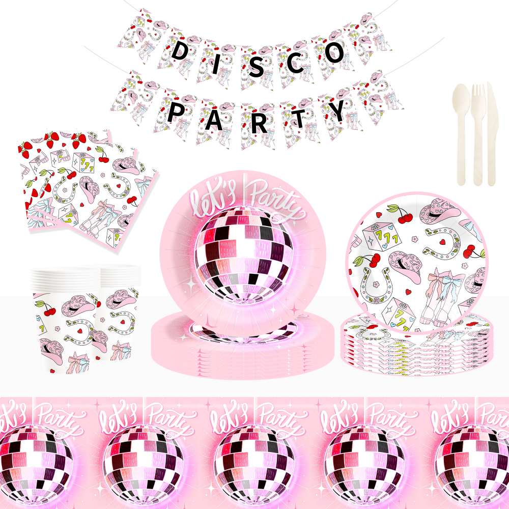 DAMAI Pink Cowcoy Theme Party Disposable Paper Plate Napkin Tablecloth Disposable Party Tableware Sets with Disco Ball for Kid