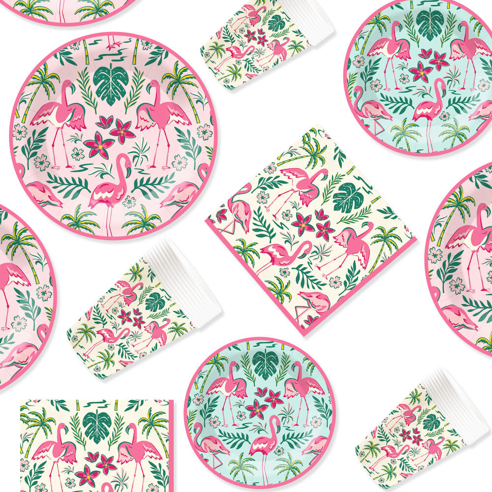 DAMAI Flamingo Theme Party Decoration with Palm Frond Disposable Party Paper Plate Cup Napkin Tableware Set