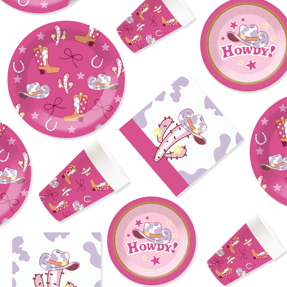 DAMAI New Customized Design Pink Cowboy Theme Disposable Dessert Dinner Paper Plates Cups Napkin Tableware Set for Girl