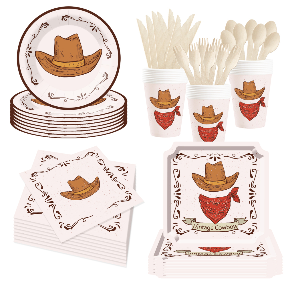 DAMAI Cowboy Theme Party Decoration with West Cowboy Hat Disposable Party Paper Plate Cup Napkin Tableware Set