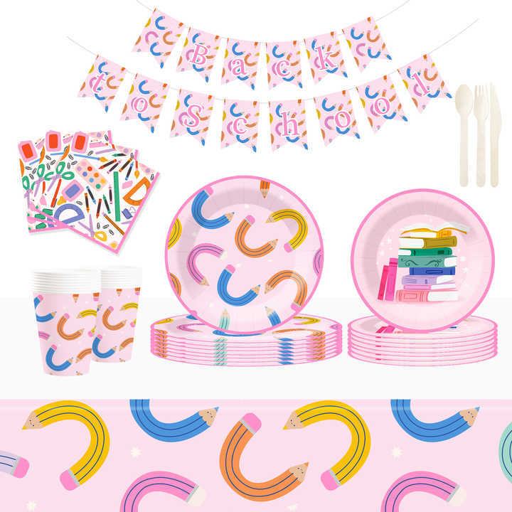 DAMAI Back to School Theme Party Decoration Geometric Disposable Party Paper Plate Cup Napkin Tableware Set for Graduation