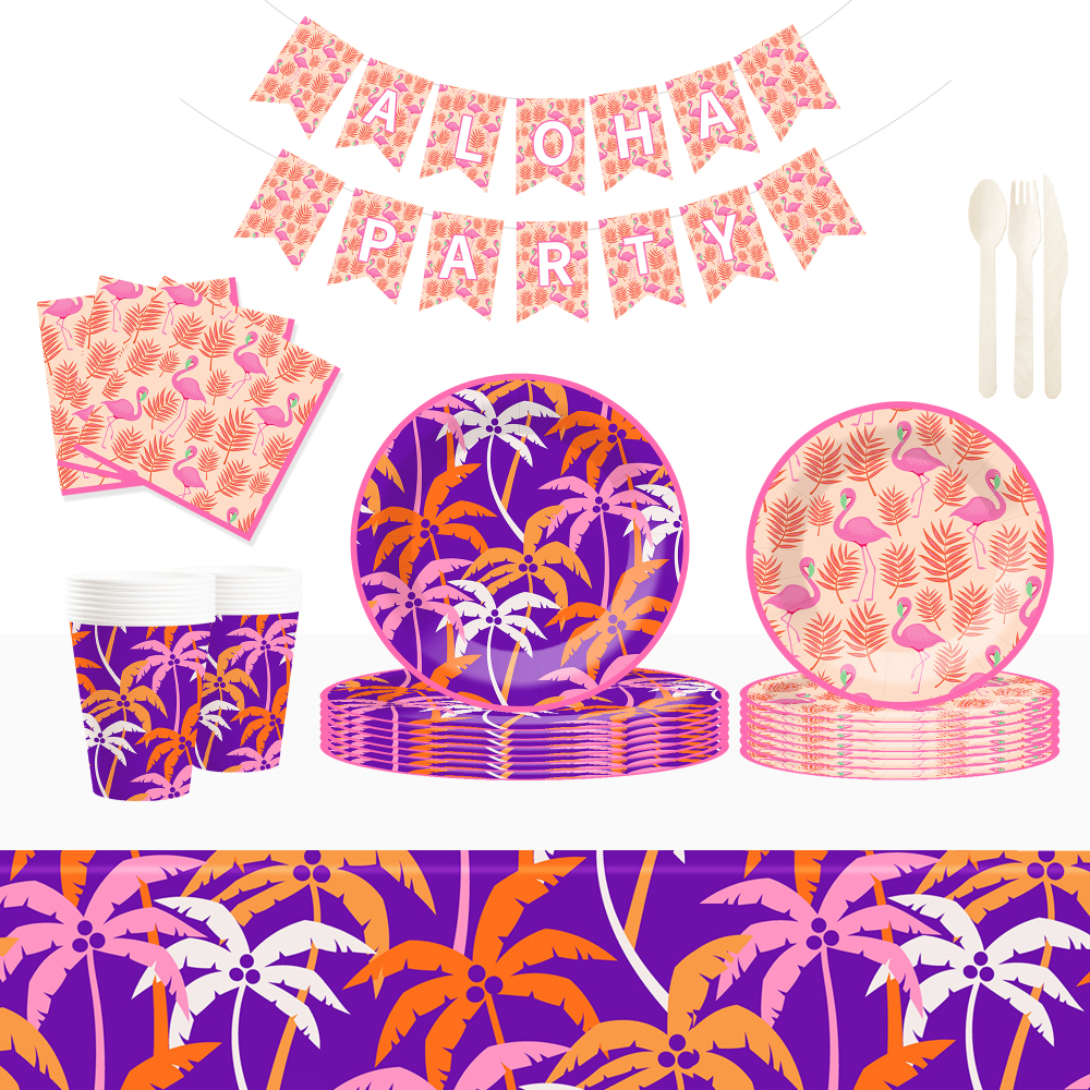 DAMAI Flamingo Palm Leaf Theme Party Pink and Purple Disposable Paper Plate Napkin Tablecloth Disposable Party Tableware Sets