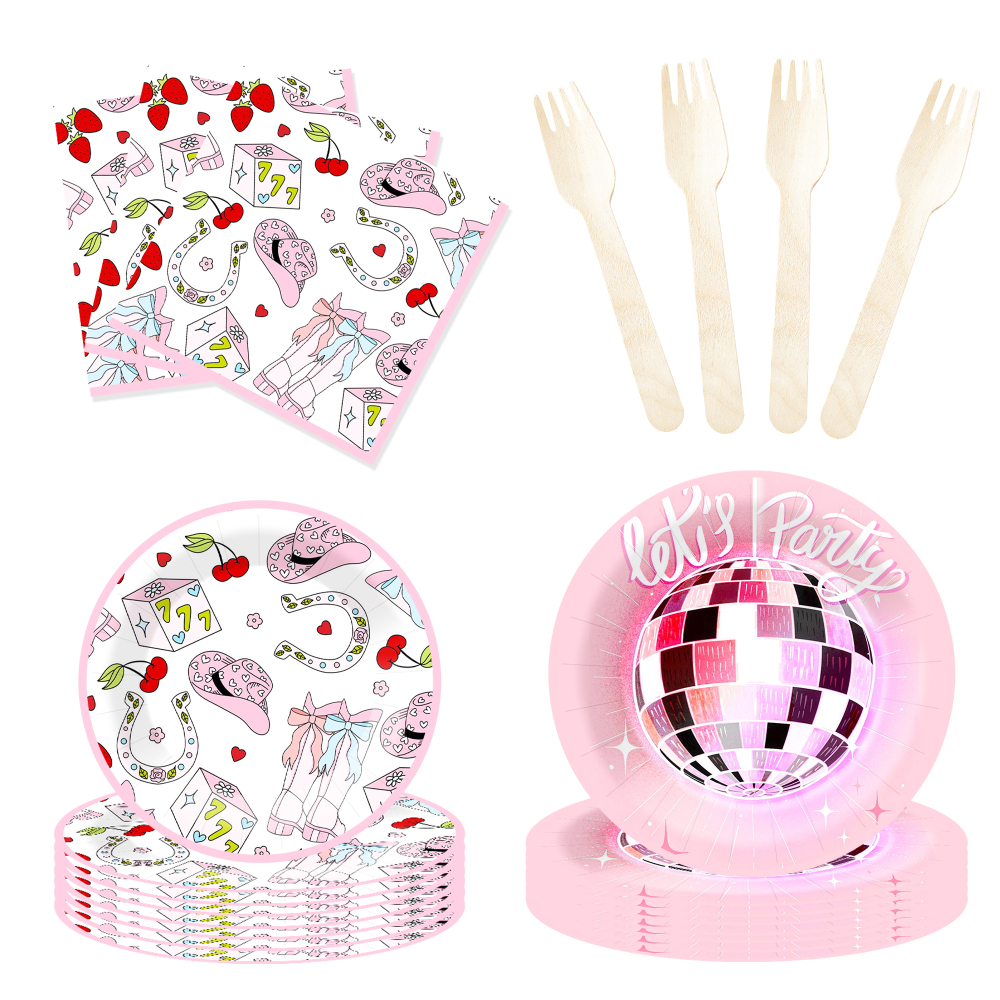 DAMAI Pink Cowcoy Theme Party Disposable Paper Plate Napkin Tablecloth Disposable Party Tableware Sets with Disco Ball for Kid
