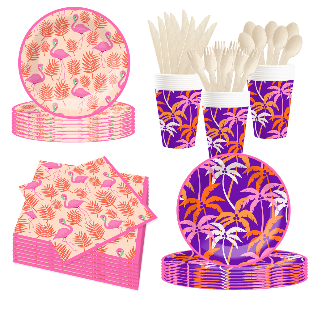 DAMAI Flamingo Palm Leaf Theme Party Pink and Purple Disposable Paper Plate Napkin Tablecloth Disposable Party Tableware Sets