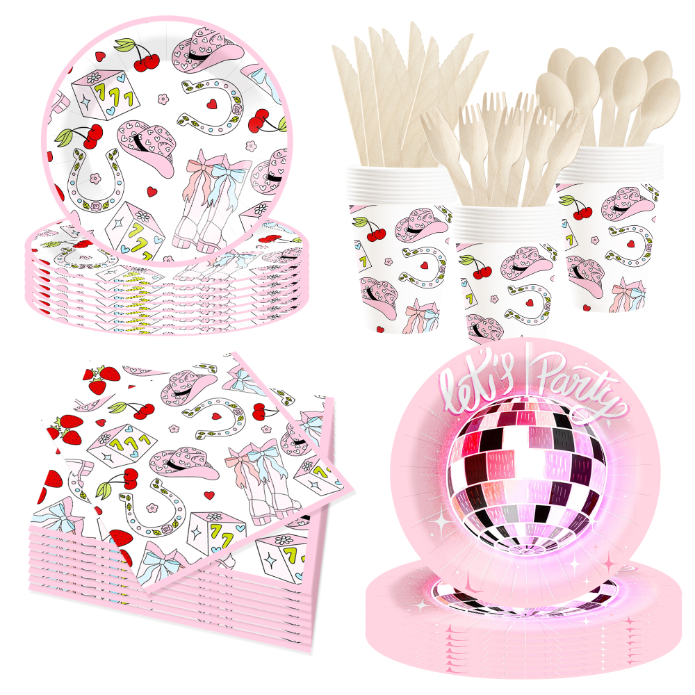 DAMAI Pink Cowcoy Theme Party Disposable Paper Plate Napkin Tablecloth Disposable Party Tableware Sets with Disco Ball for Kid