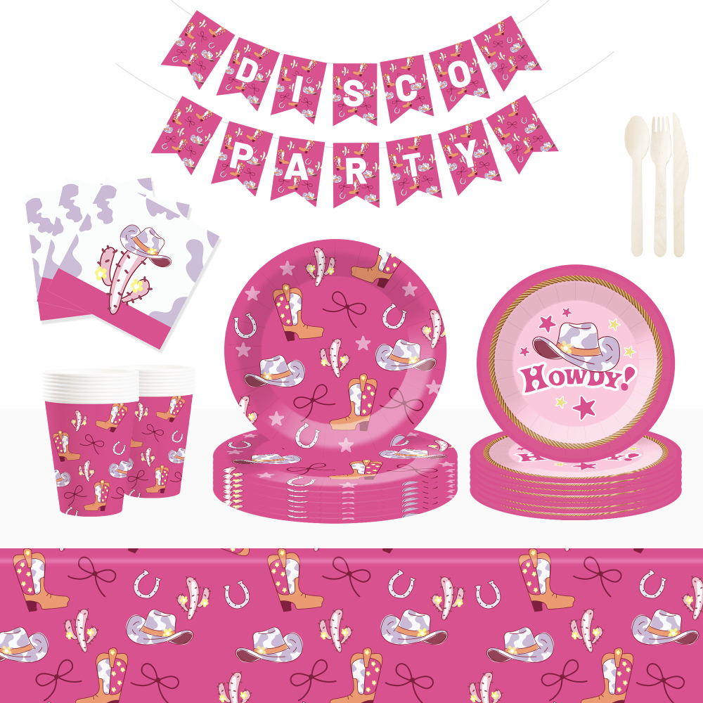 DAMAI New Customized Design Pink Cowboy Theme Disposable Dessert Dinner Paper Plates Cups Napkin Tableware Set for Girl