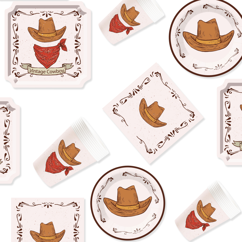 DAMAI Cowboy Theme Party Decoration with West Cowboy Hat Disposable Party Paper Plate Cup Napkin Tableware Set